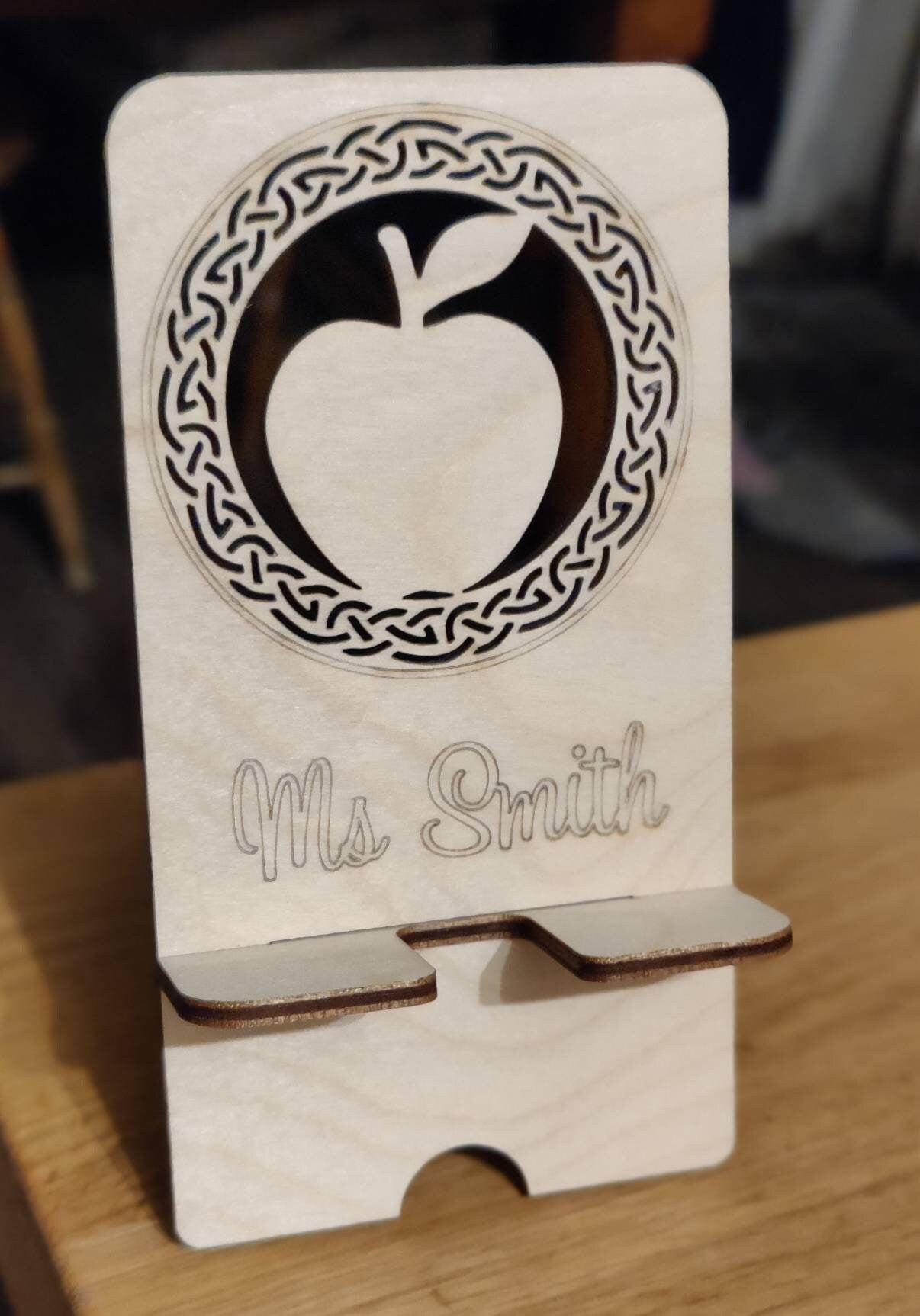 Personalised wooden teacher phone stand