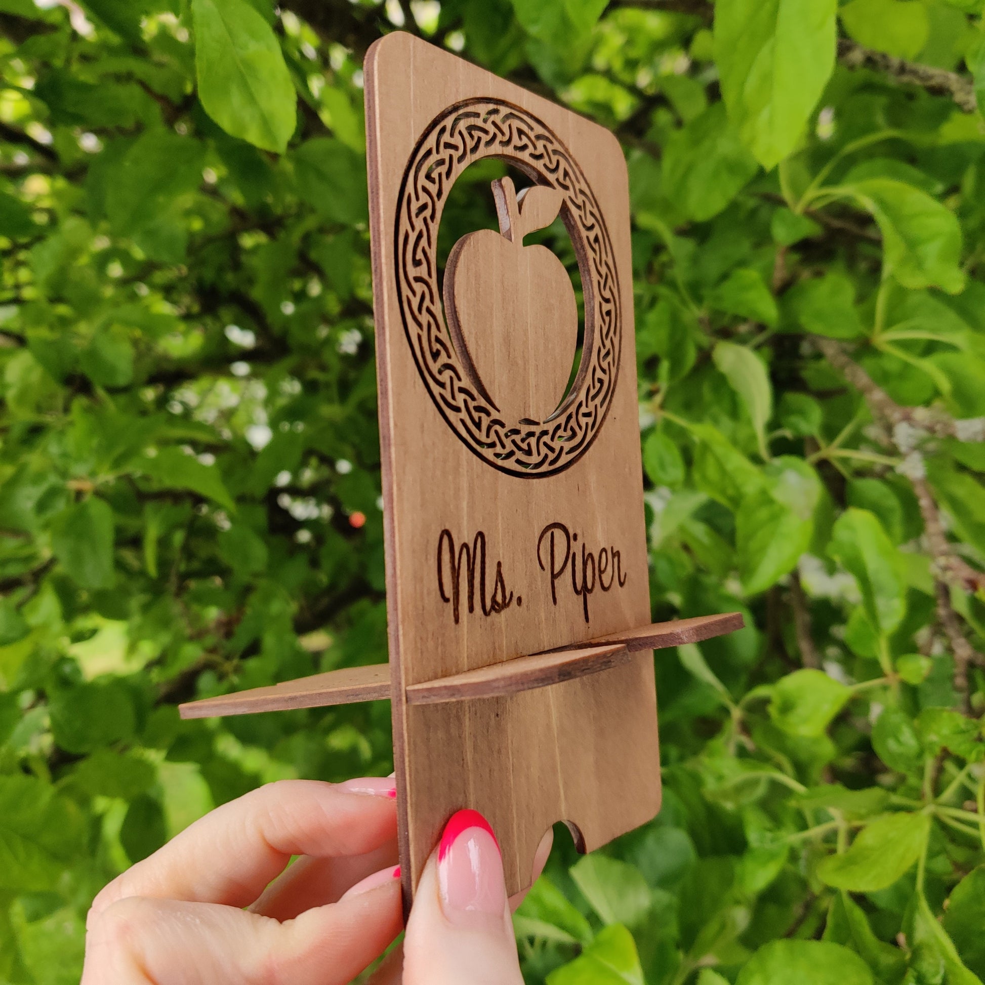 Personalised wooden phone stand – laser cut, wooden, handmade in Ireland, personalised