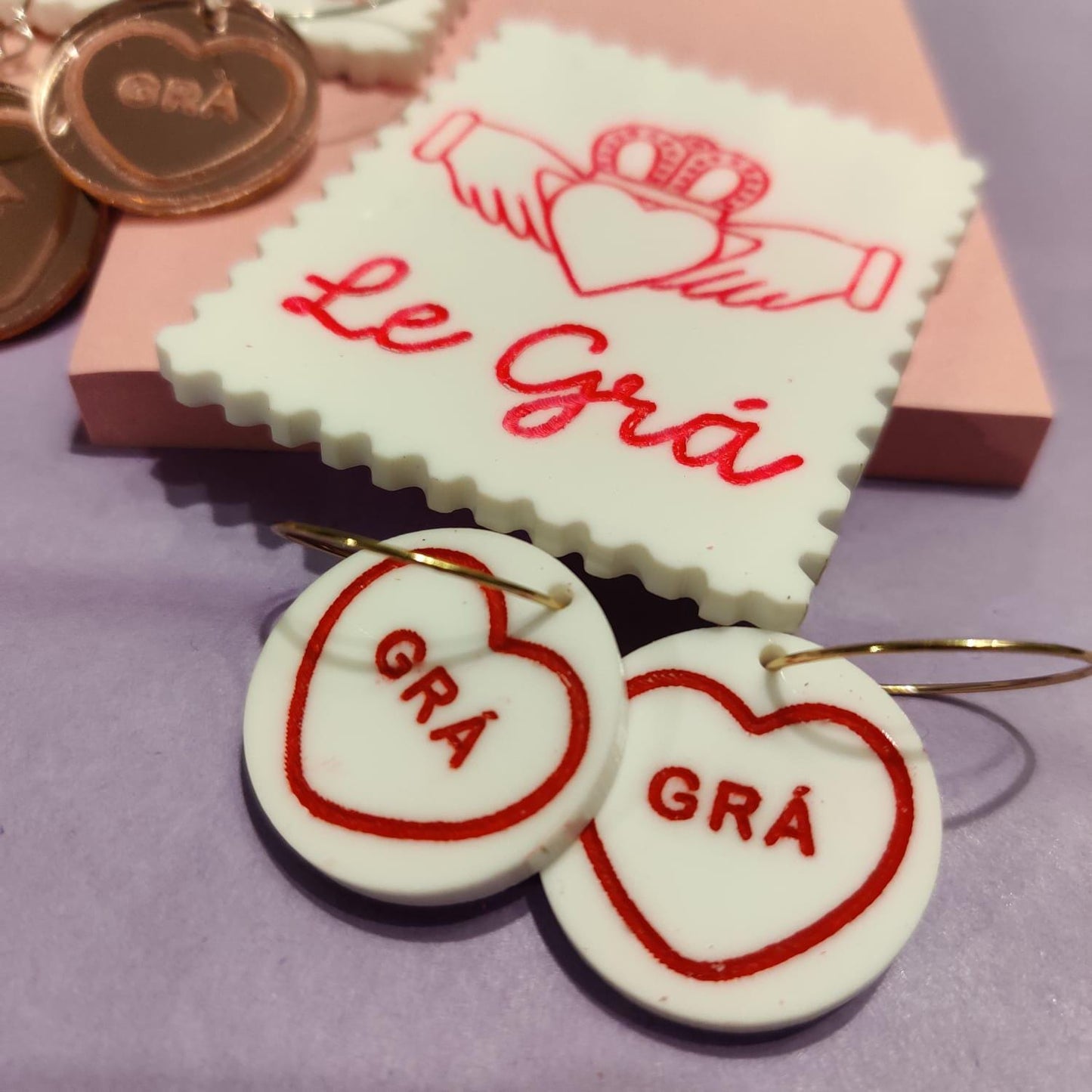 Grá love heart sweet Earrings – laser cut, acrylic, handmade in Ireland