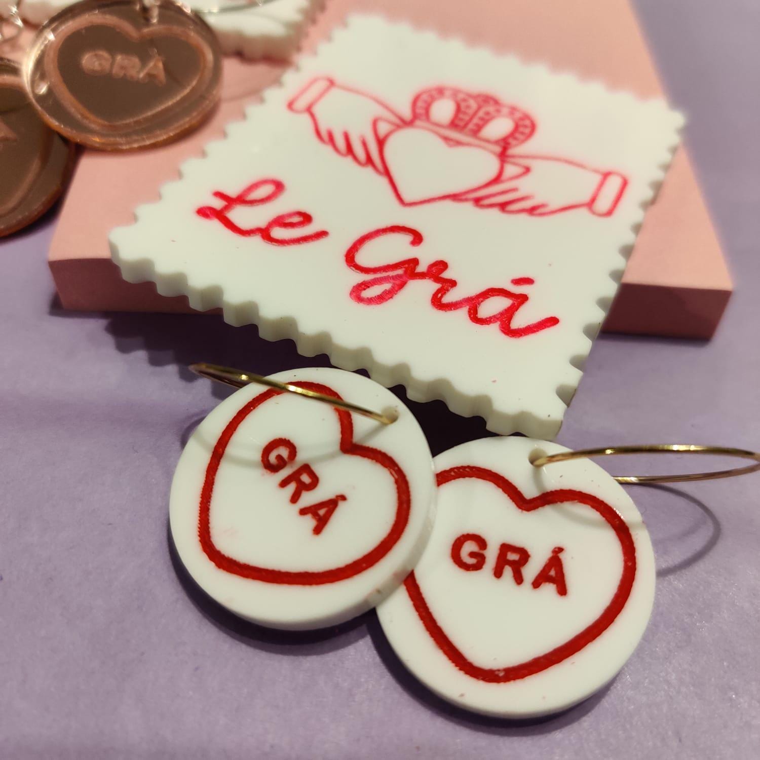 Grá love heart sweet Earrings – laser cut, acrylic, handmade in Ireland