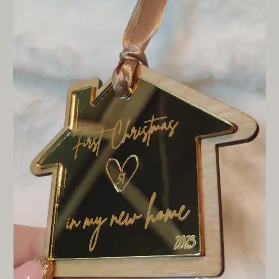 Personalized First Christmas New Home Ornament: Mirrored Acrylic House