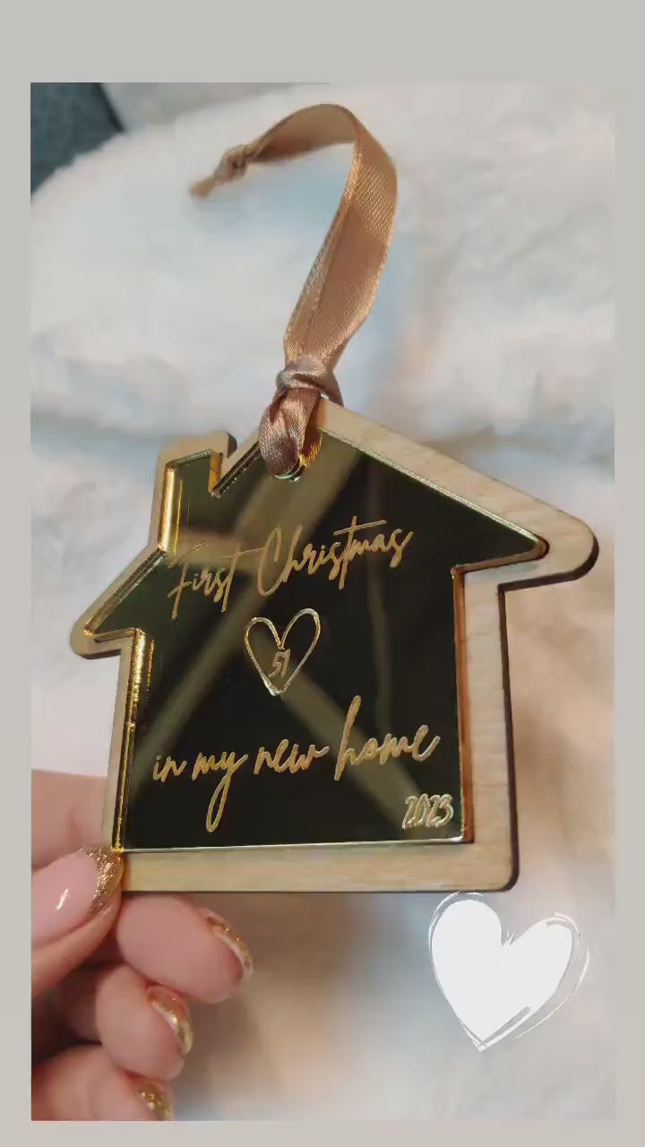 Personalized First Christmas New Home Ornament: Mirrored Acrylic House