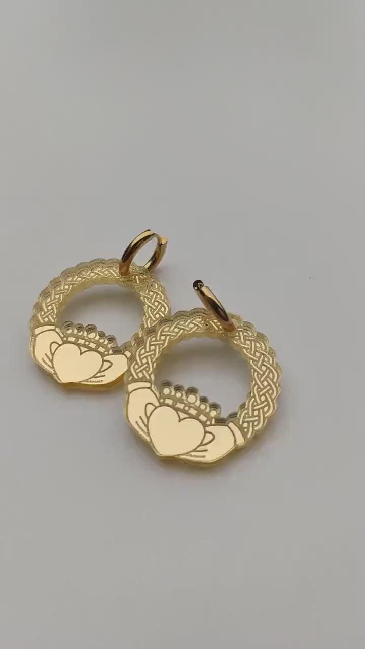 Mirrored Acrylic Claddagh Earrings: Irish Symbol Jewelry